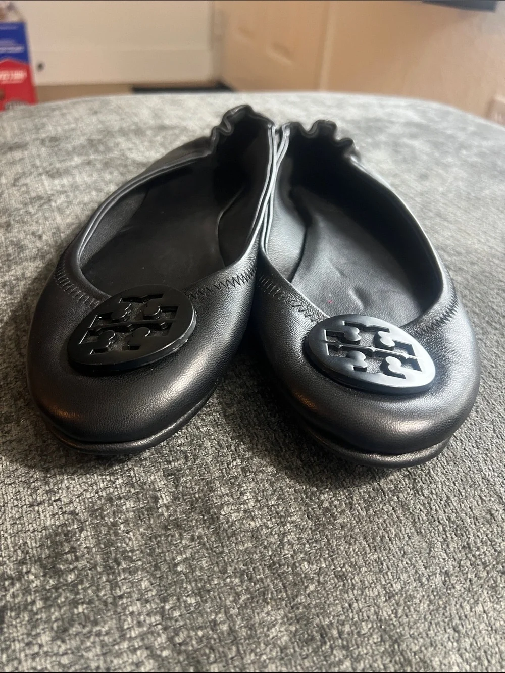Tory Burch Black Leather Logo Ballet Flats
